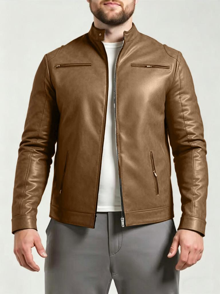 European and American men's stand-up collar PU leather jacket slim jacket jacket fashion business motorcycle style leather jacket