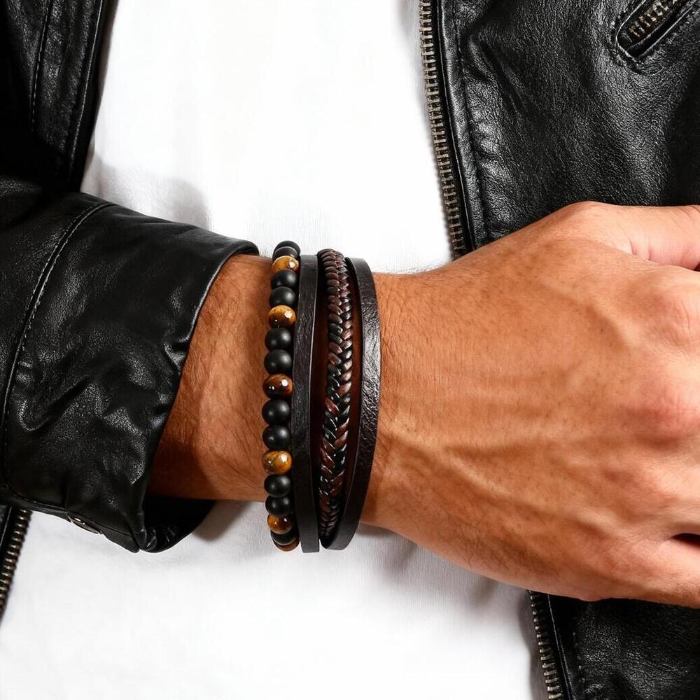 Brown Multi Layers Leather Bracelet for Men,New Style Tiger Eye Stone Beaded Handmade Leather Wristband,Gift for Husband Dad Him