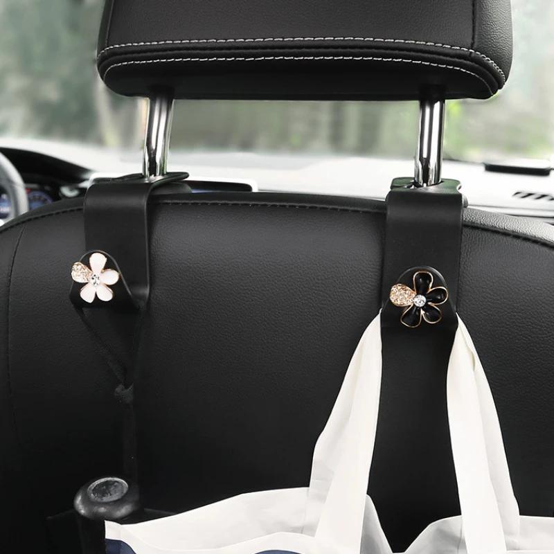 Cute Car Seat Back Hooks Diamond Camellia Flowers Decor Cartoon Bears Car Interior Storage Hook Handbag Hanging Holder Hook