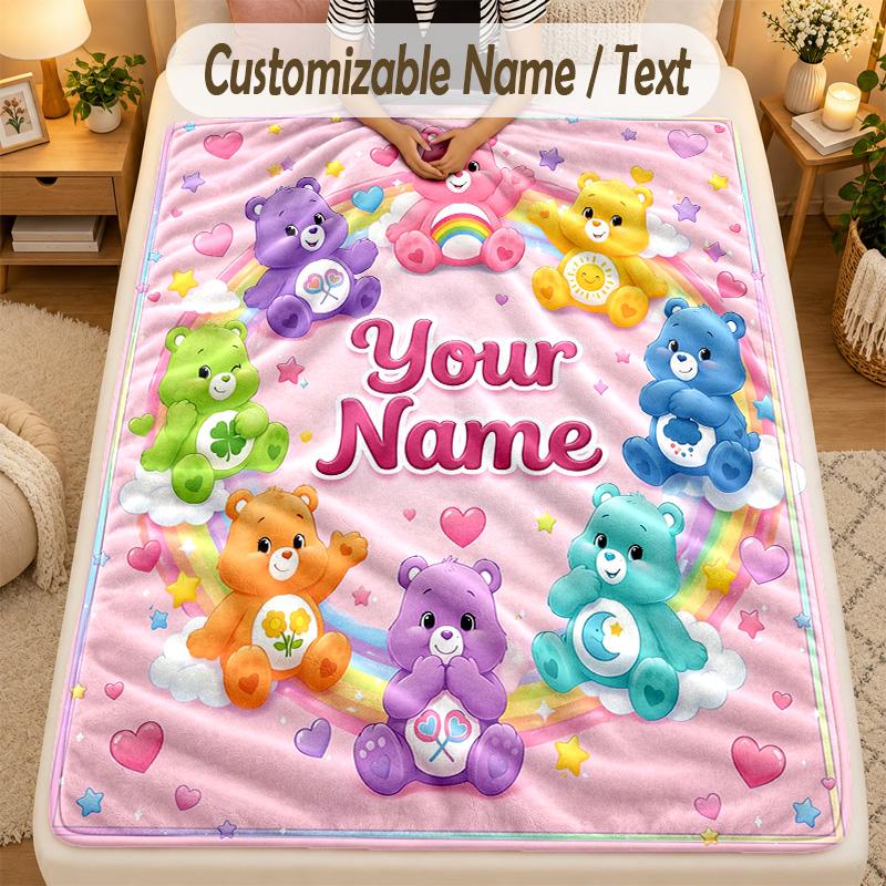 Flannel BlanketCare Bears Custom Name Text Personalized Soft Warm Throw Blanket Home Decor Gift