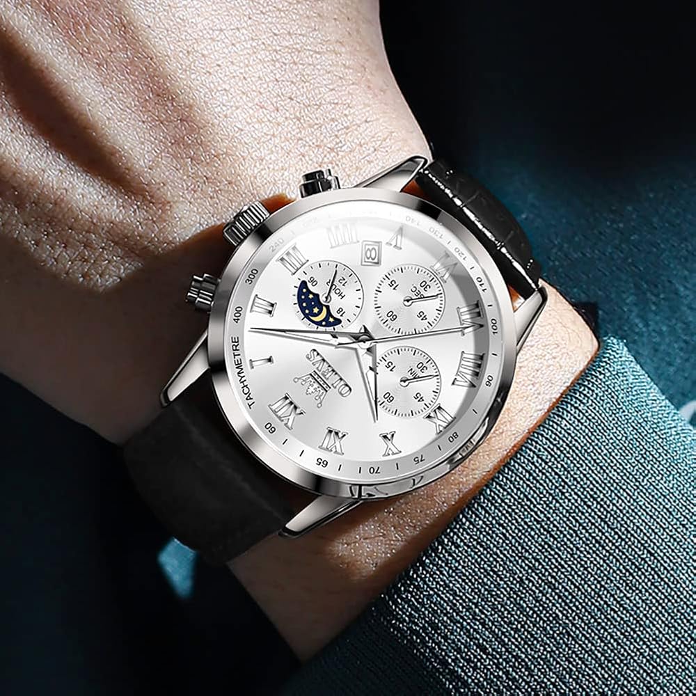 Olevs Men's Chronograph Waterproof Analog Watch Black Leather Strap Date Display Fashion Timepiece White Dial