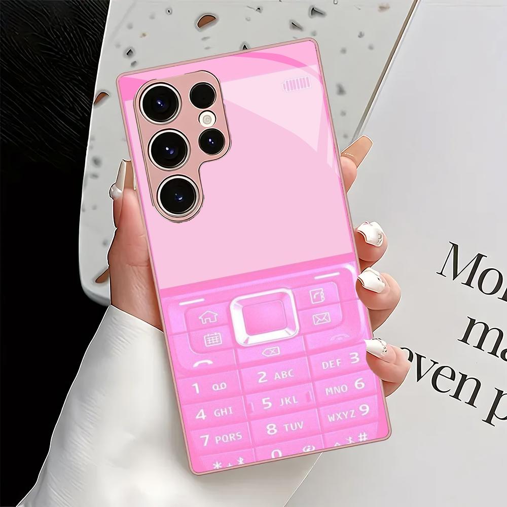 Pink retro button glass phone case suitable for Samsung Galaxy S26 S25 S24 S23 S22 S20 FE/Ultra/Plus anti drop back cover