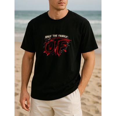European Size "Only Family" OTF Ink-wash Logo Street Trend Summer Fashion T-shirt | Men'S Casual Short-sleeved Top, Crew Neck, Medium Stretch Fabric
