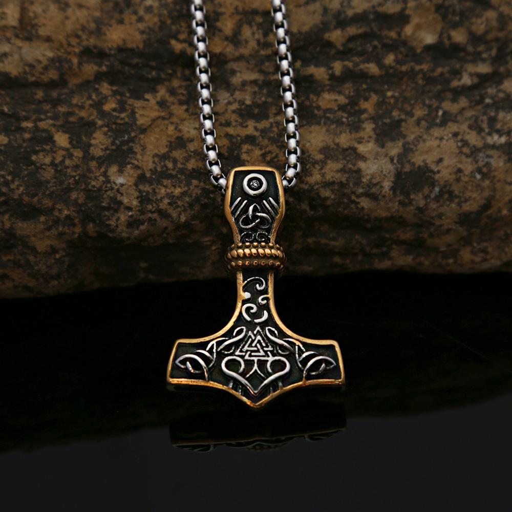 Viking Raytheon Hammer Triangle Rune Titanium Steel Pendant Retro Simple Men's Stainless Steel Necklace