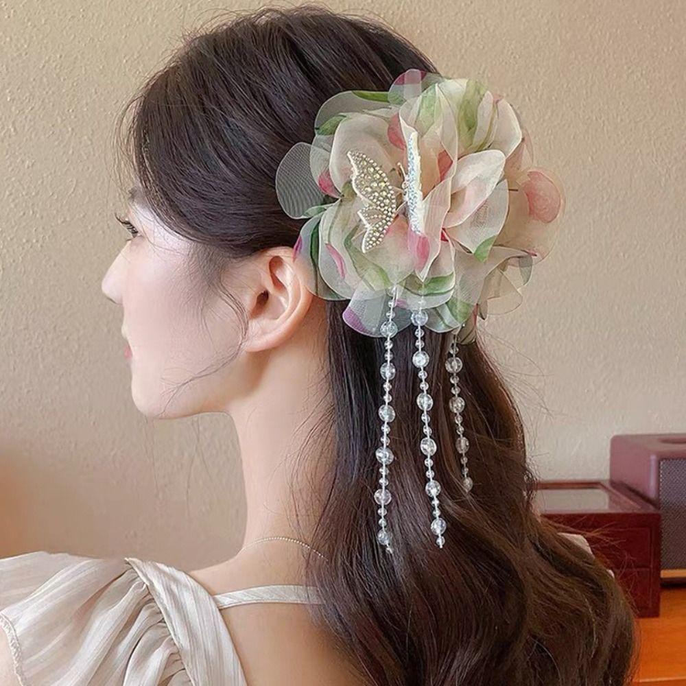 Flower Grasping Clip Tassel Hair Claw Fashion Shark Clip  Headwear