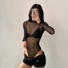 Body da donna YPFF alla moda con colletto alto e rete: Top a strati sexy trasparente a maniche lunghe slim fit
