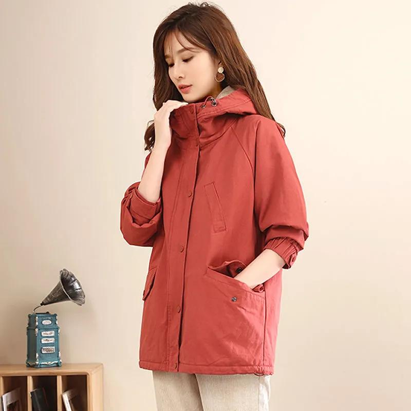 Damen Winter Gepolsterter Verdickter Kapuzen-Windbreaker Locker Lässig Mittellanger Pie Übermantel