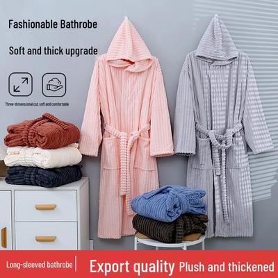 Women's Coral Fleece Hooded Bathrobe: Soft, Non-shedding, Absorbent, Thick, Candy Stripe, Plus Size for Autumn/Winter
