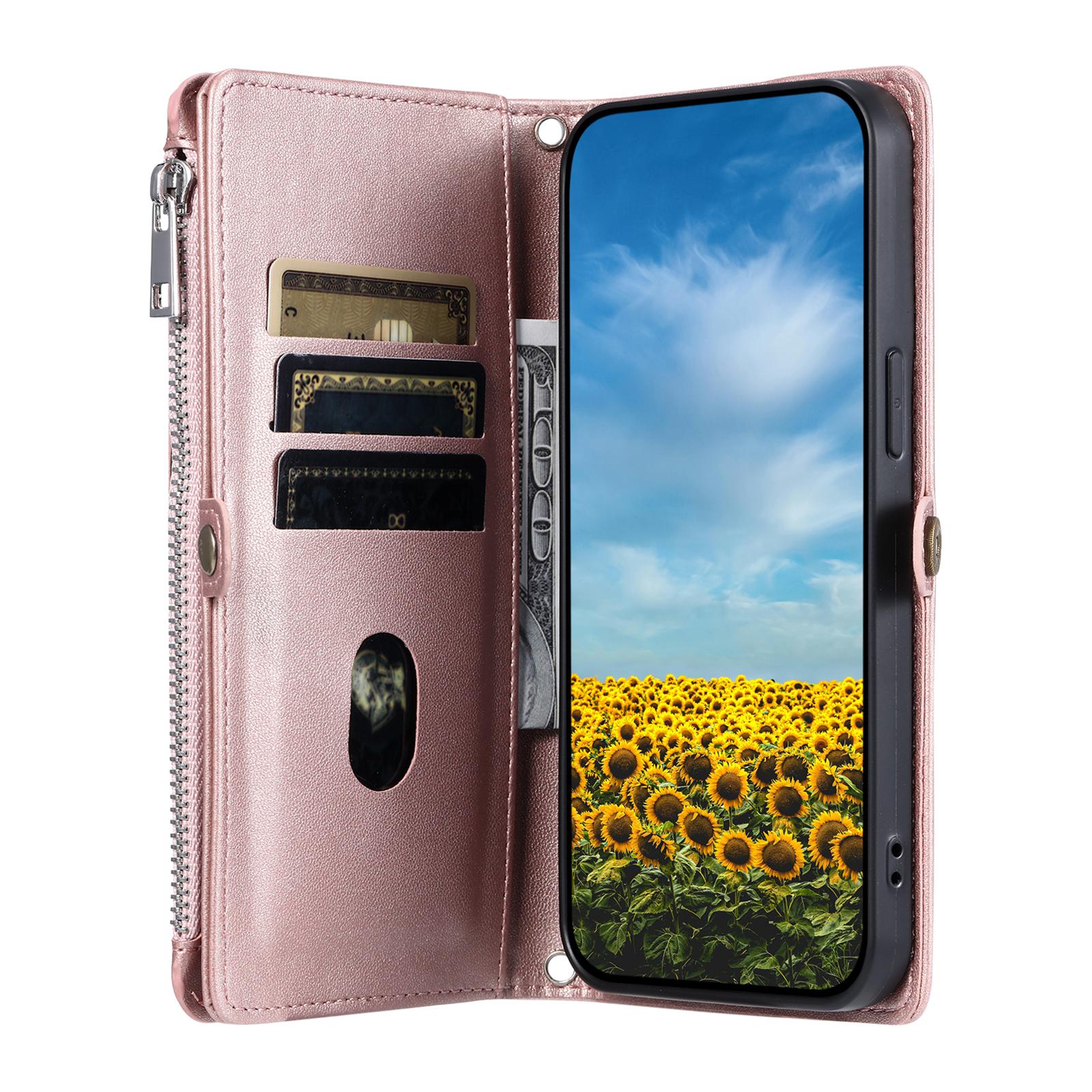 

For Samsung Galaxy S25 Edge Case TPU+PU Leather Wallet Phone Cover with Wrist Strap Rose Gold