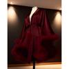 Robe rouge satinée à l'acide acétique premium pour femmes, taille à lacets, manches courtes larges et bouffantes, chemise de nuit moelleuse, robe de mariée pour le matin