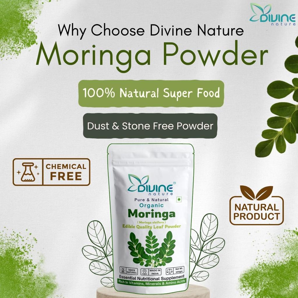 Divine Nature Organic Moringa Leaves Powder 100gm | Herbal Supplement | Good for Immunity, Digestion, skin and Hair care | Gives Natural Energy &