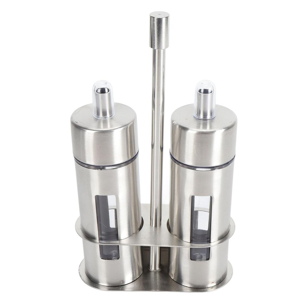 Oil and Vinegar Cruets 80ml Stainless Steel Olive Oil Dispenser Bottle Set with Base Stand Transparent Window for