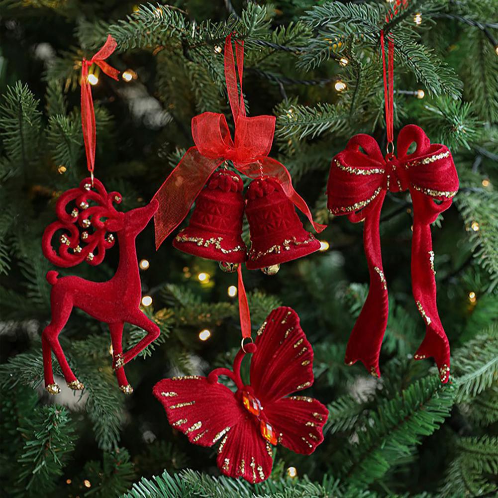 Christmas Ornaments Red Flocking Bell Wreath Snowfall Elk Pendant Snowy Winter Decor for Tree Hanging