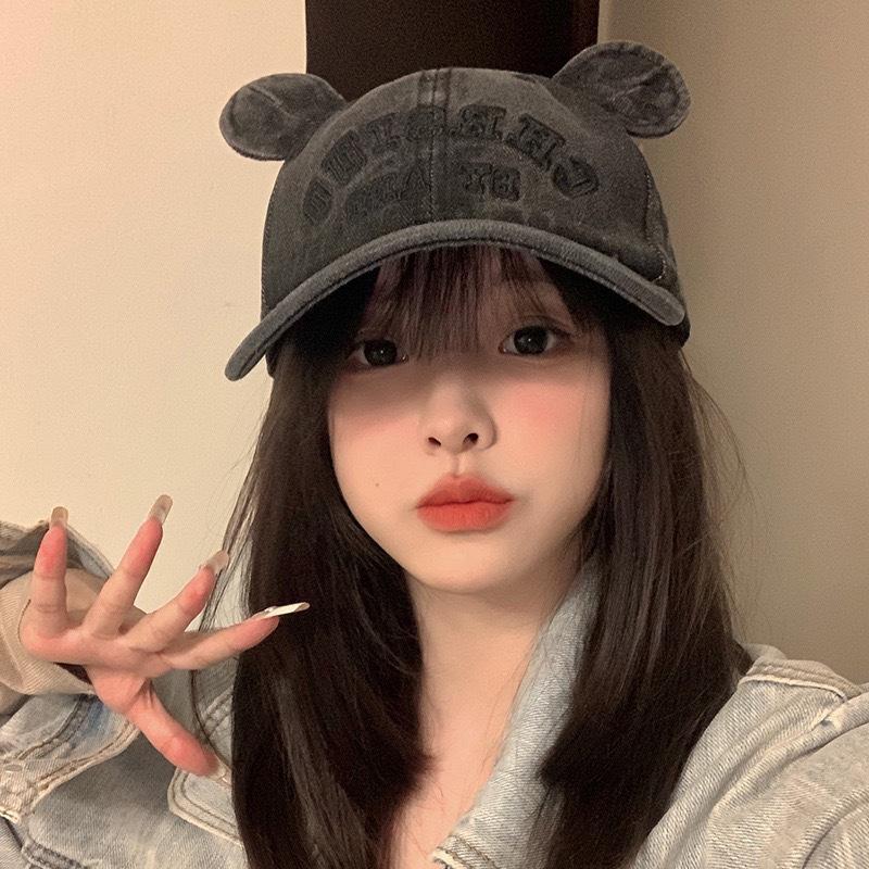 Fashion Hat Cute Bear Ears Baseball Cap Children's Korean version shows a small face, washed big head circumference, deep top denim embroidered cap
