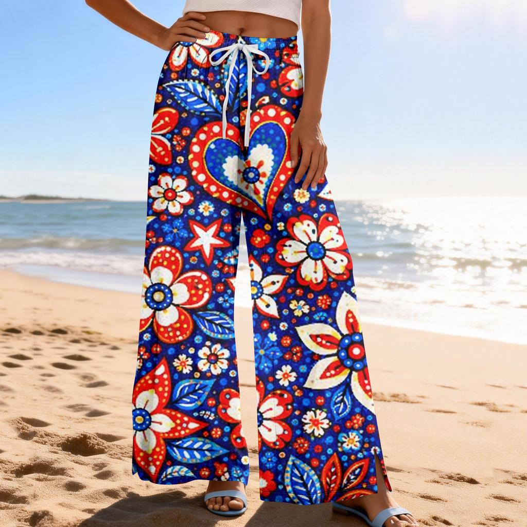 Dámské letní boho palazzo kalhoty s vysokým pasem a širokými nohavicemi, tisk, ležérní kalhoty s kapsami