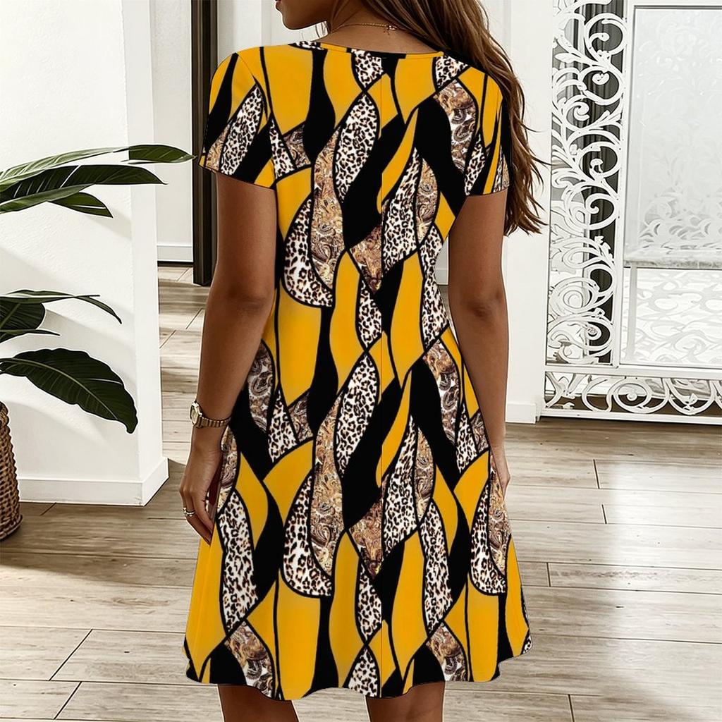 Ladies Oversized V Neck Short Sleeve Dress Tribal Foliage Printed Flowy Dress For Country Tour And Daily Hangout