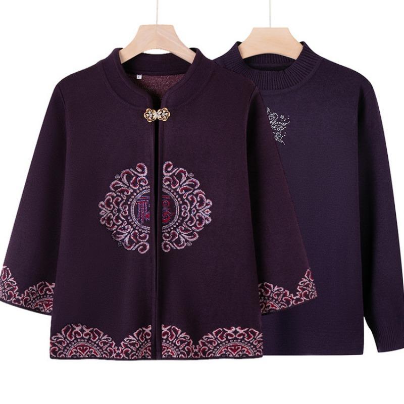 Middle-aged Knitted Sweater Festive Two-piece Set Women's Spring and Autumn Cardigan Mother Outfit Mother-in-law Sweater Grandma Shawl Jacket