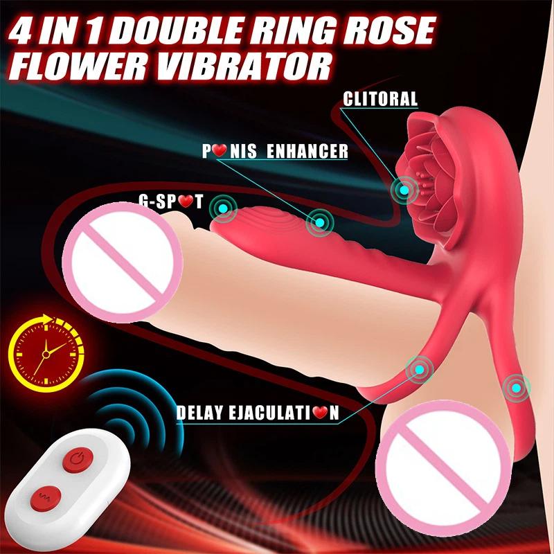 Rose Penis Ring Vibrator Female G-Spot Clitoral Stimulation Male Ejaculation Delay Silicone Cockring Adult Sex Toy For Couples