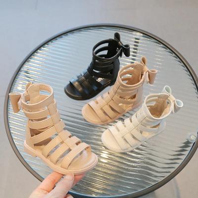 Mädchen Hohl High-top Sandalen 2024 Sommer Neue Feste Farbe Koreanischen Stil Vielseitig Prinzessin Mode Baby Zurück Bogen Open-toe Wohnungen
