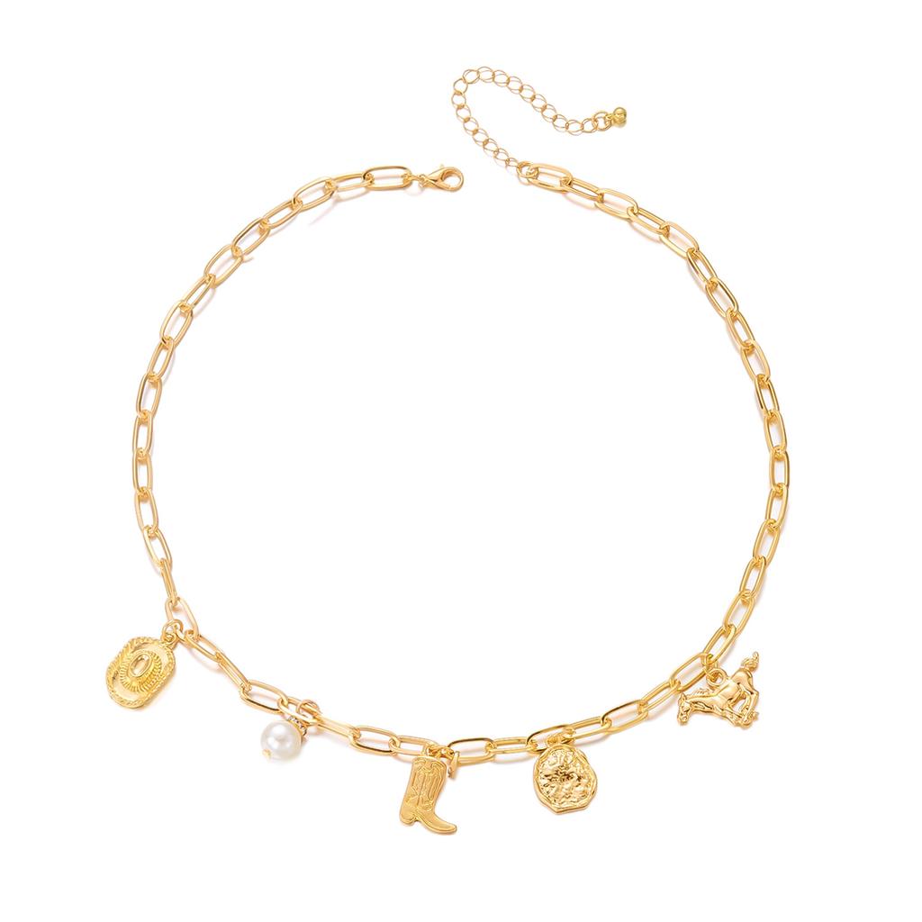 Gold Vintage Bohemian West Cowboy Hat Boots Pendant Necklace Bracelet