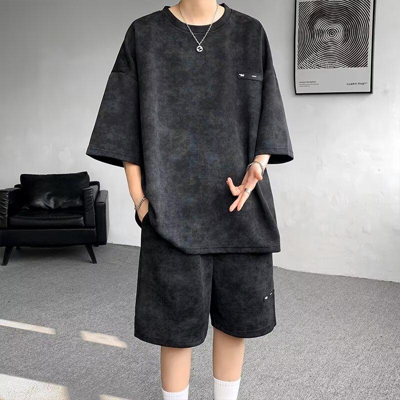 Loose Casual Dyeing Ice Silk Short Sleeve Short Pants Set for Plus Size Men Summer New Style Fashion Brand  Outfit
