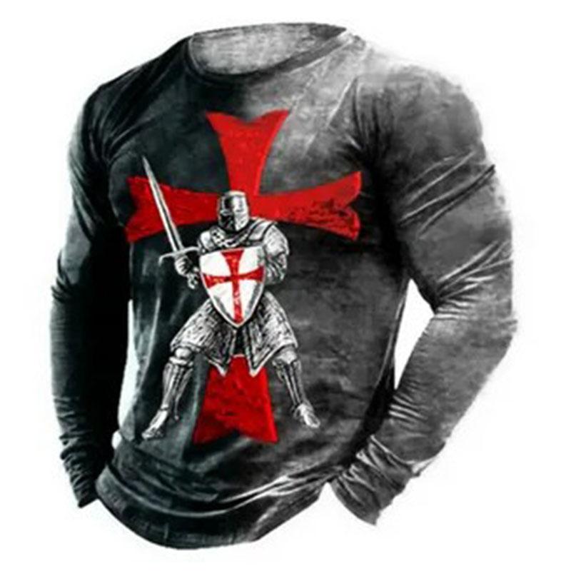 Templar Knight  Print Retro Fashion Casual Men's Round Neck Long Sleeve Street Hip Hop Extra Large Speed Drying Wearing T-shirt