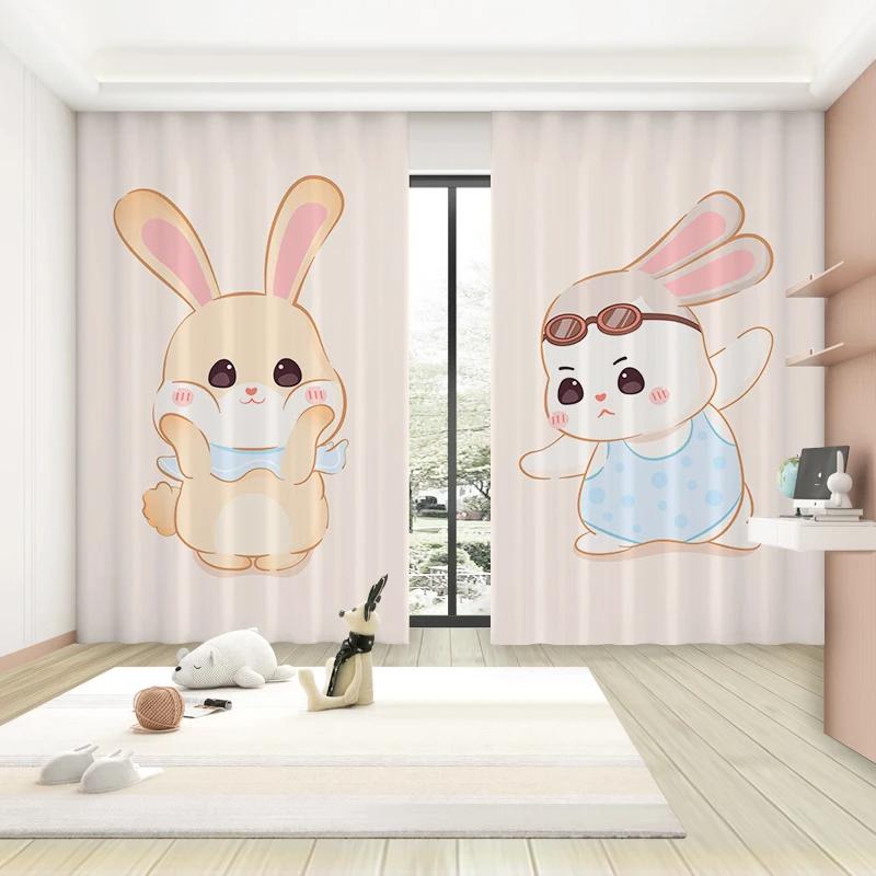 Trendy Cartoon Cute Style High Blackout Curtains Pink Bunny Girl Princess Bedroom Living Room Window Shading Curtain 2 Pieces