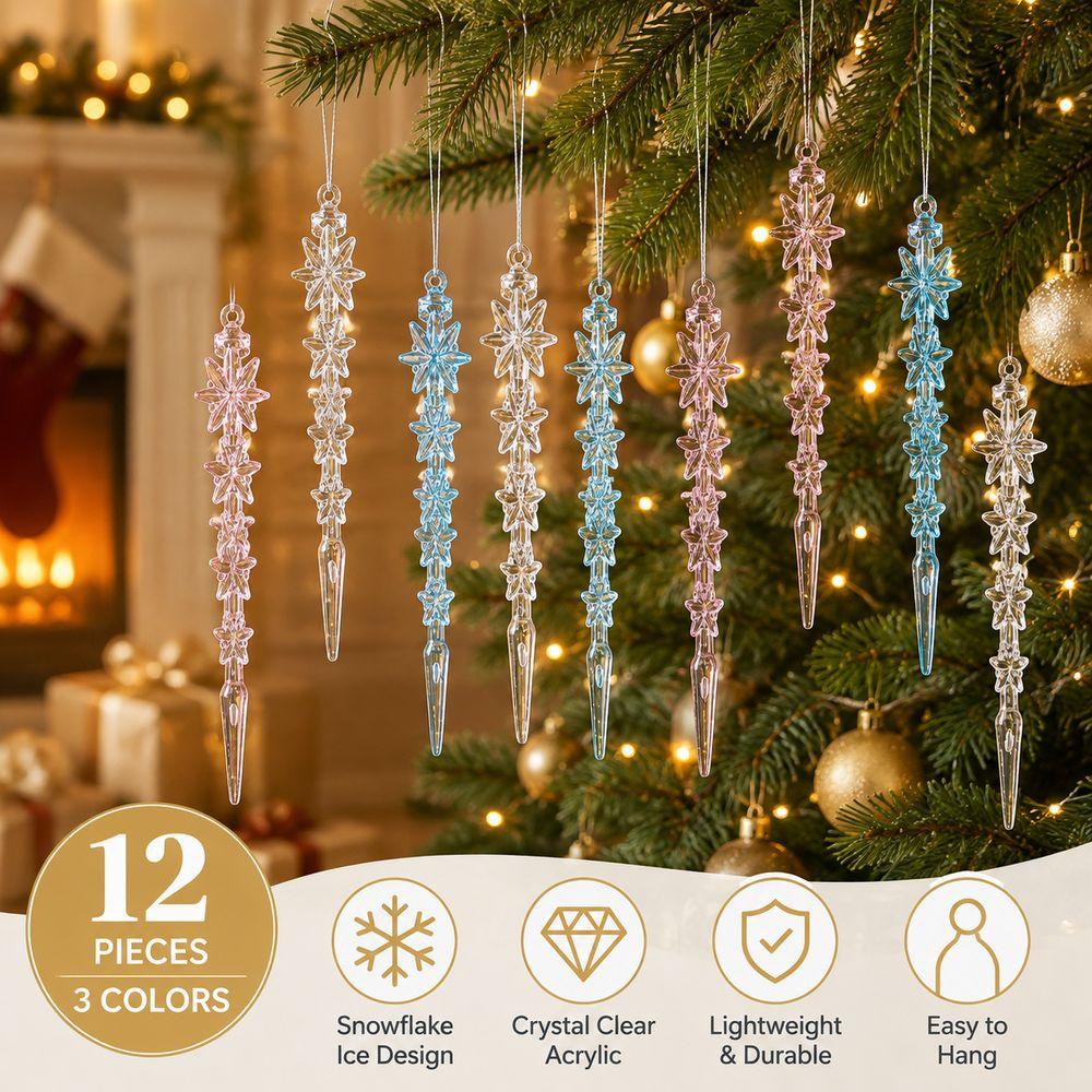12Pcs Acrylic Christmas Ornaments Snowflake Ornaments Christmas Tree Ornaments Holiday Home Decor