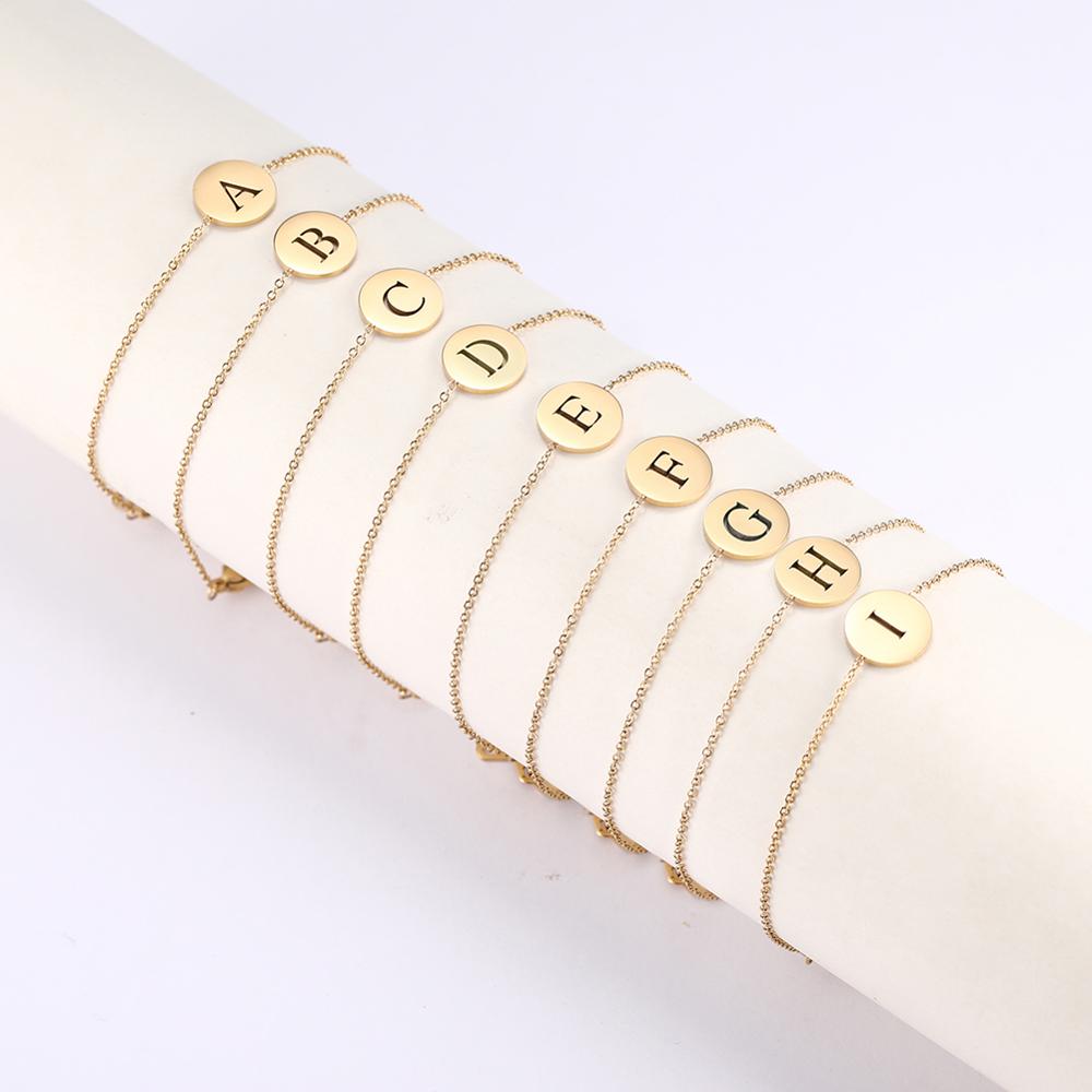Cazador Round Pendant Initial Letter Bracelet Stainless Steel 26 Alphabet Bracelets for Women Girls Kids Baby Gold Color Jewelry