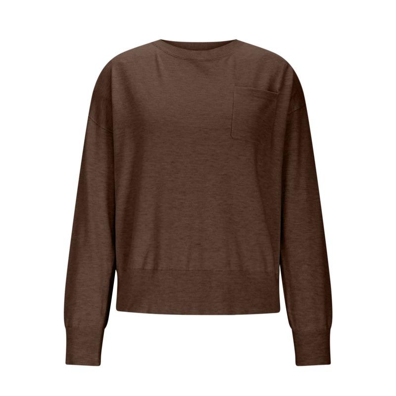 Autumn and Winter Women's Casual Solid Color Pocket Round Neck Long Sleeved Pullover Sweater for Women