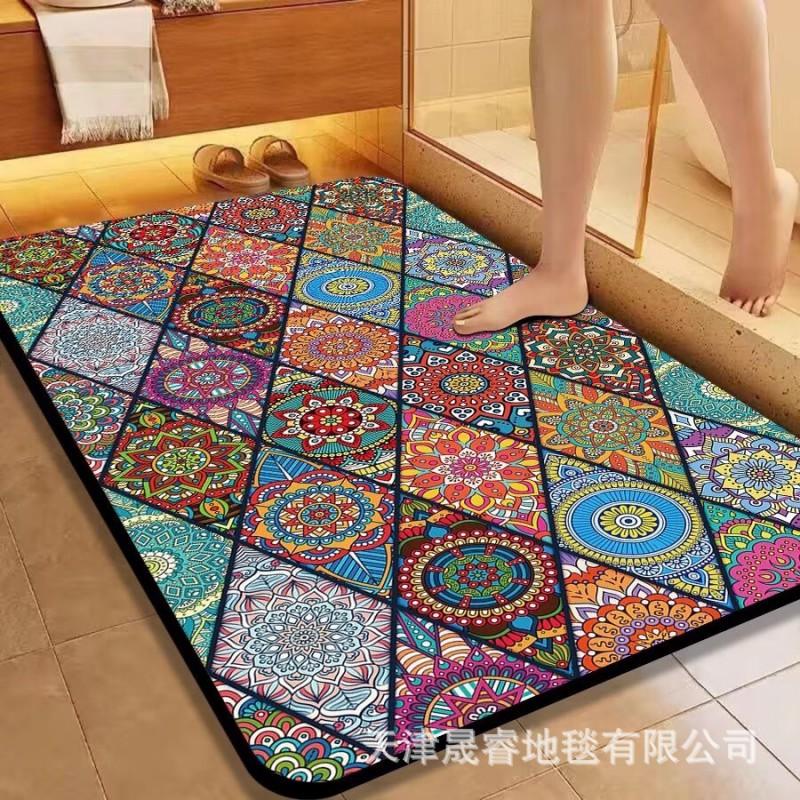 Classic European Style Bath Mat Non-Slip Absorbent Floor Rug Bathroom Entryway Hallway Square Shape