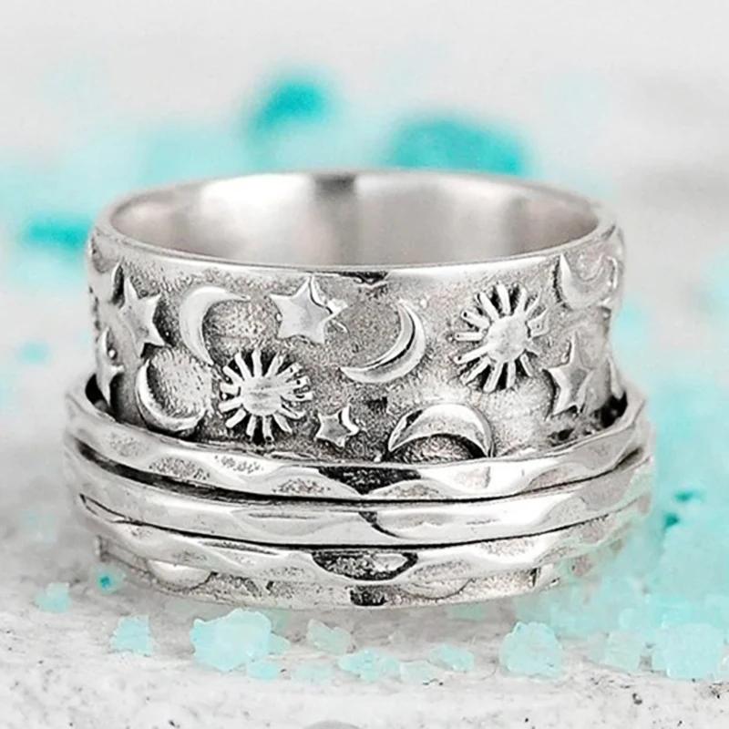 CAOSHI Schicke Stern- und Mondform Breite Ringe für Damen Vintage Stil Fingeraccessoires für Party Damen Statement Schmuck Geschenk 13 gray