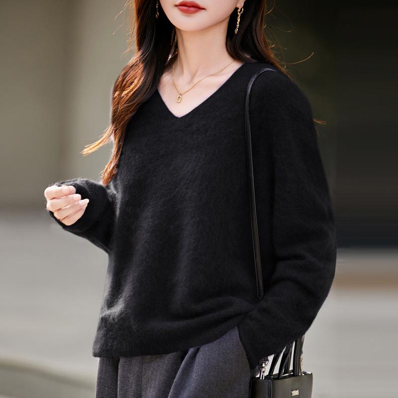 Autumn & Winter 100% Pure Wool V-Neck Loose Women's Knitted Sweater