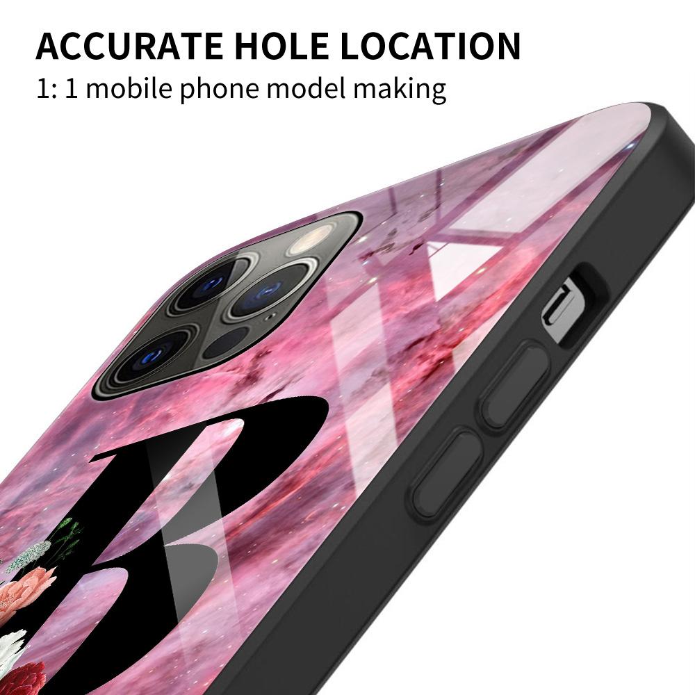 Tempered Glass Case For iPhone 14 12 11 Pro Max 13 12 Mini X XR XS Max 8 7 6s Plus Silicone Shell Letter A B Flowers Pink