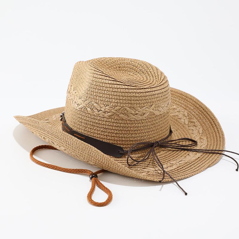 Big brim curled straw hat women's summer seaside vacation sunscreen sunshade beach hat ethnic style western cowboy hat men