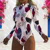 Women Plus Size High Neck Long Sleeve Front Zip Printed One Piece Swimsuit