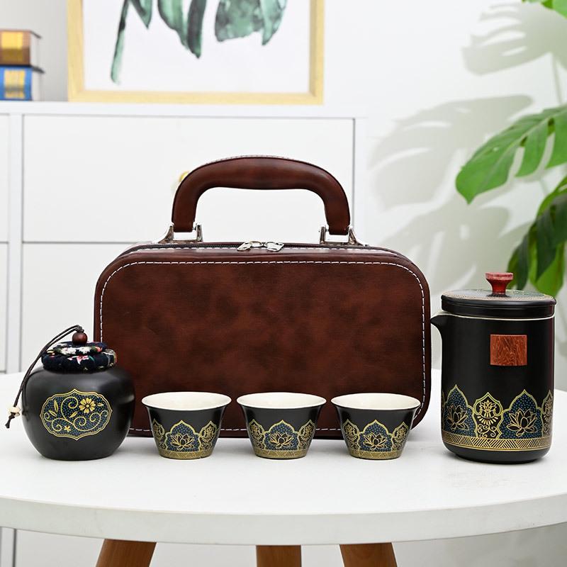 Keramik-Aufbewahrungstasche, ein Topf, drei Tassen Reise-Teeset, Teekanne tragbar, ein komplettes Set mit antikem Charme, Geschäftsgeschenke