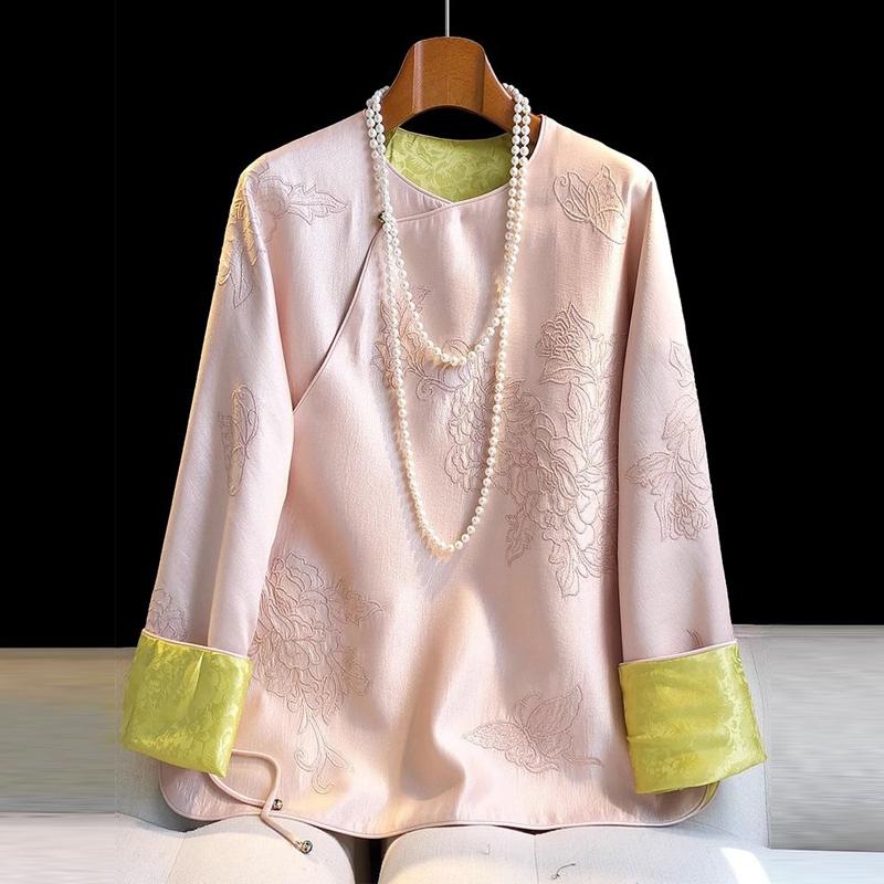 

Весна Осень Женские Высококачественные Винтажные Рубашки с Вышивкой в Китайском Стиле Элегантные Шикарные Сладкие Розовые Блузки с Длинным Рукавом Свободные Топы XXXL розовый