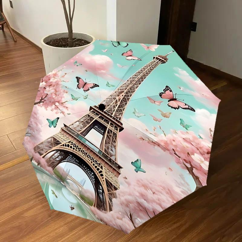 1PC Eiffel Tower Butterfly Umbrella-8-Rib Reinforced, Automatic Open, Lightweight & Durable, Fashion Accessory for Outdoor, J0359