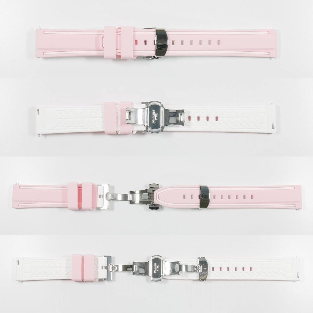 Swatch x Omega compatible rubber strap with type D-buckle, double-line (pink/white lines)