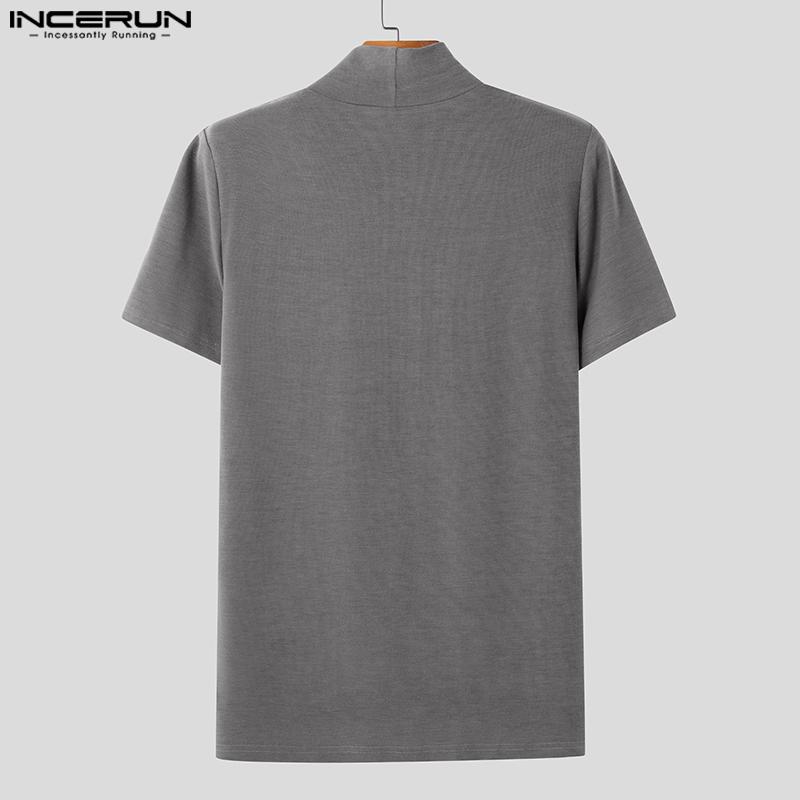 INCERUN Men Mockneck Short Sleeve Solid Color Casual Fittd T-shirts Tops