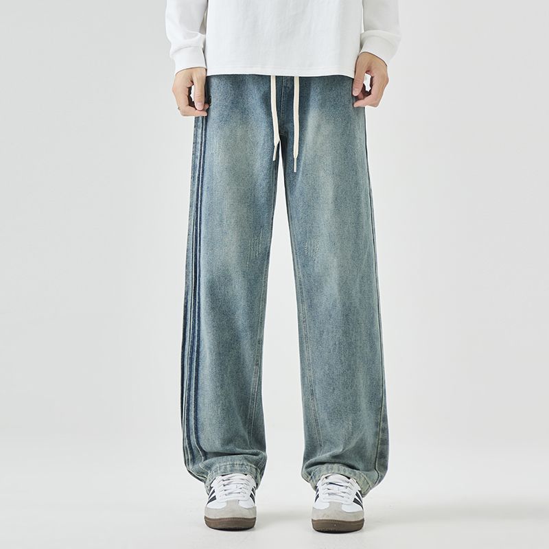 

Medm Beprp Side Stripe Yellow Mud Gradient Jeans Boys Handsome Distressed Washed Straight Long Pants 7855 Vintage Blue M