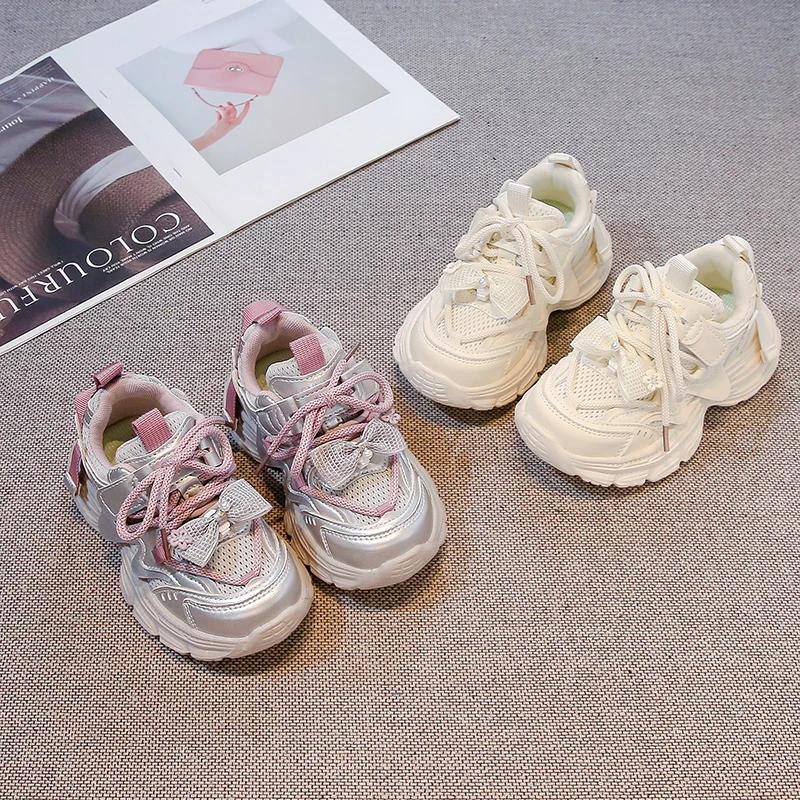 Girls Sneakers Princess Style Kids Sports Shoes with Lace Bow Sweet Flower New Fashion Girls Running Shoes Mesh Breathable