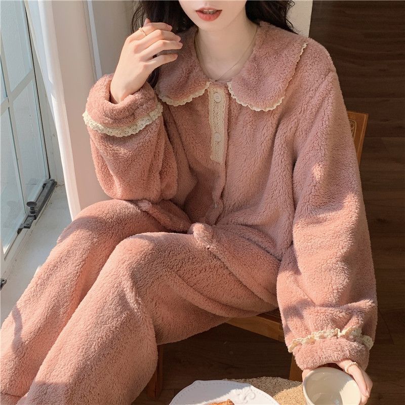 Sweet Doll Collar Coral Fleece Pajamas Women Plus Velvet Thick Winter Thick Plush Home Service Suit