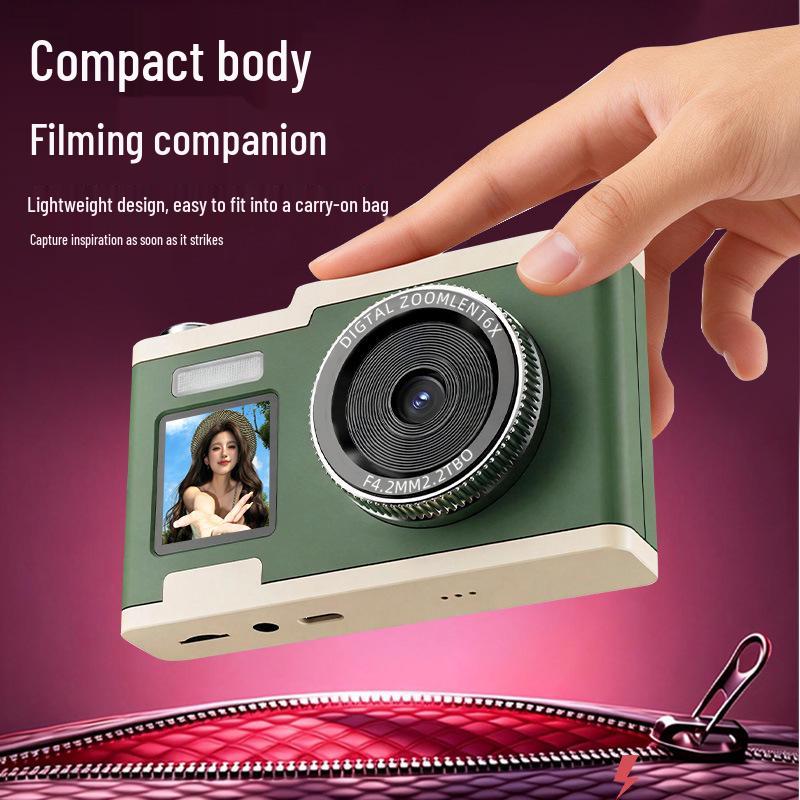 Retro HD Digital Camera with Dual Screens, 64MP CCD Sensor, 16x Optical Zoom, and Beauty Mode.