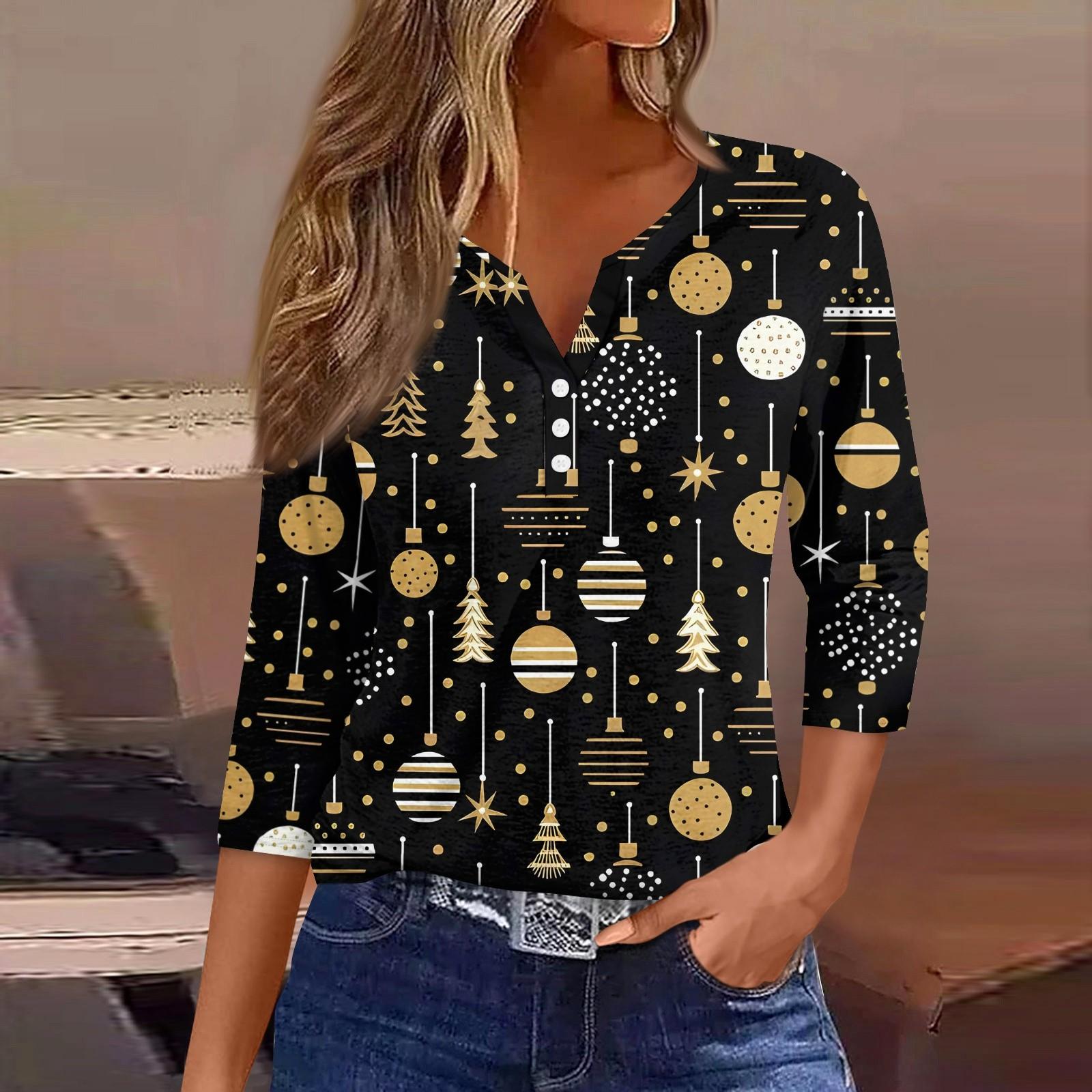

Женская модная повседневная футболка с пуговицами, V-образным вырезом, семью рукавами и рождественским принтом M золотой
