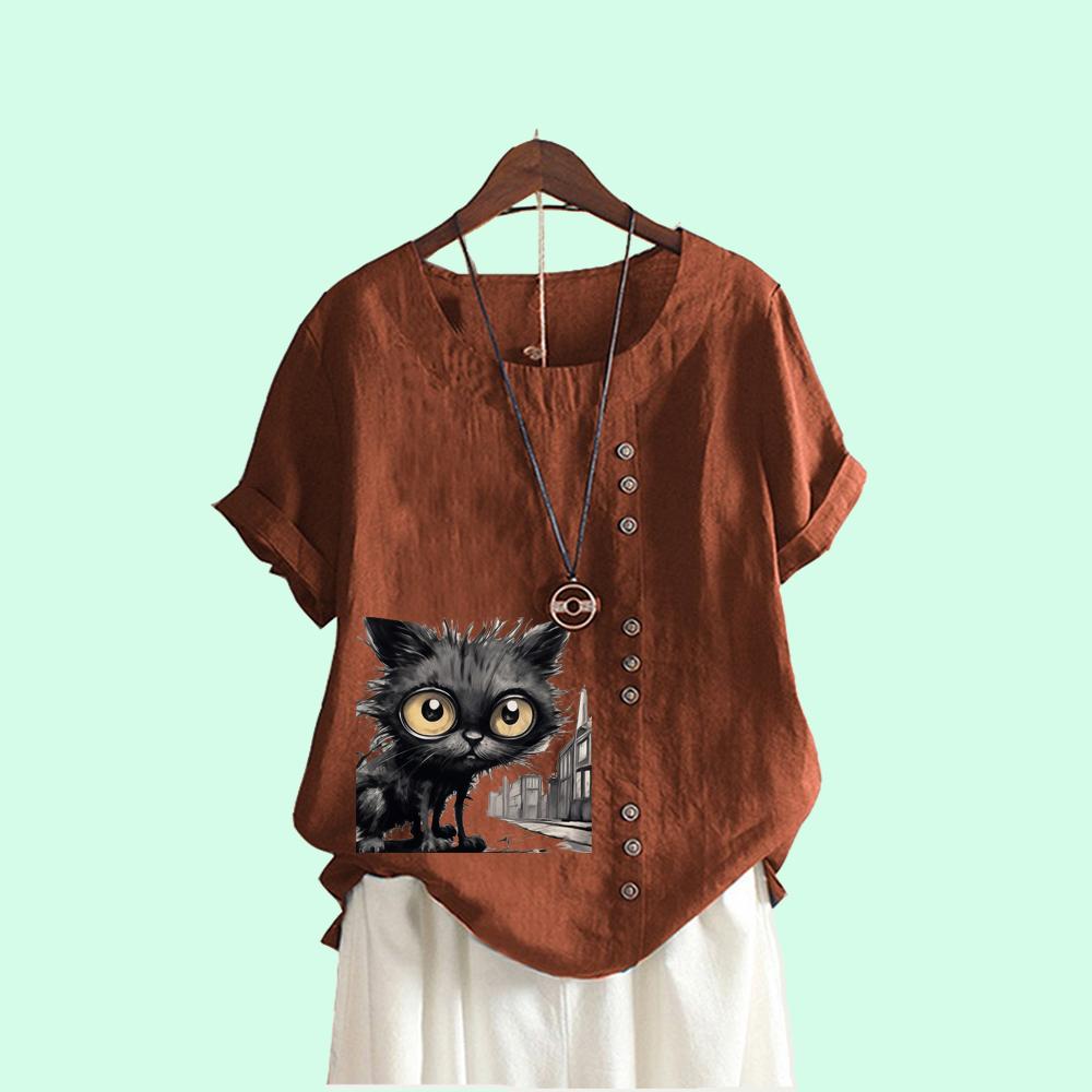 Modă Femei Top Mânecă Scurtă Gât Rotund Vară Larg Tricou In Laides Casua Bluză cu Imprimeu Pisică