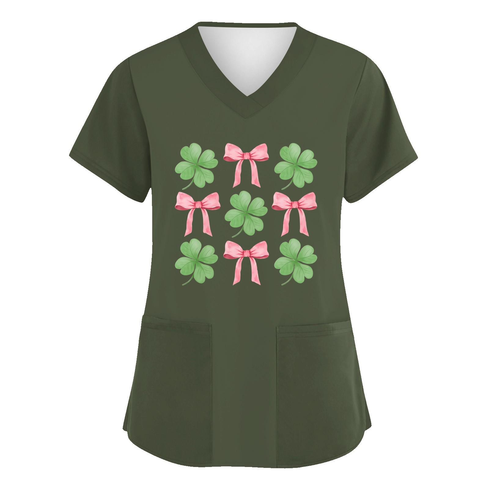 

Женская мода с v-образным вырезом, короткими рукавами и карманами, топы с принтом XXXXL