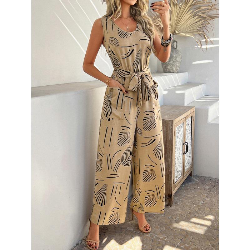 Summer Leisure and Vacation Style Printed High Waist Pocket Jumpsuits