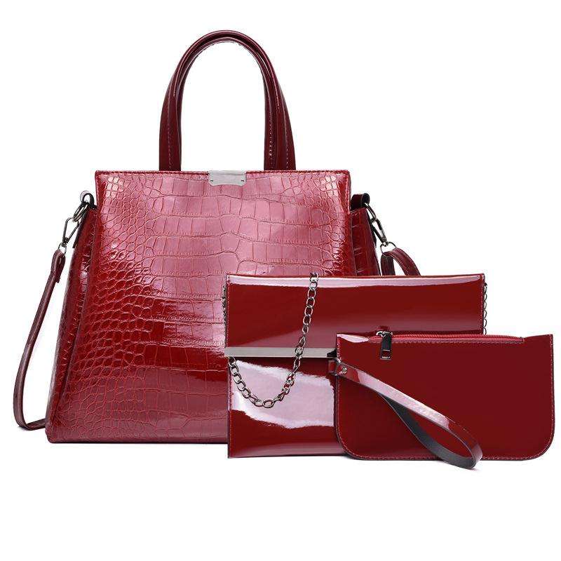 New patent leather handbag crocodile pattern simple and fashionable large-capacity women's bag set magnetic buckle shoulder messenger bag handbag